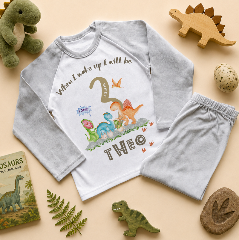 Personalised Name Kids Pyjamas When I Wake Up I Will Be 3 Dinosaurs Roar Stars Flames for Toddler Birthday Gift
