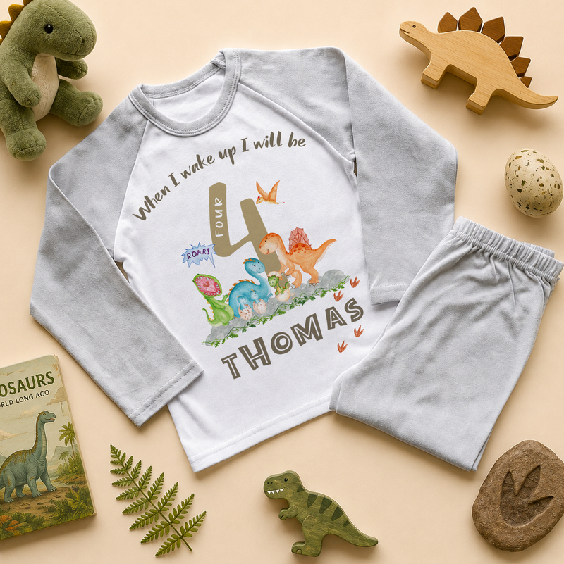 Personalised Name Kids Pyjamas 4th Birthday Dinosaur Number Four Roar Speech Bubble Floral Ferns Gift