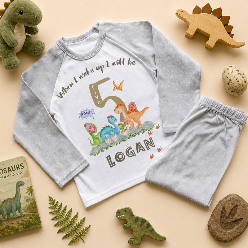Personalised Name Kids Pyjamas 5th Birthday Dinosaur Roar Scene Tropical Ferns Rainbow Gift Idea