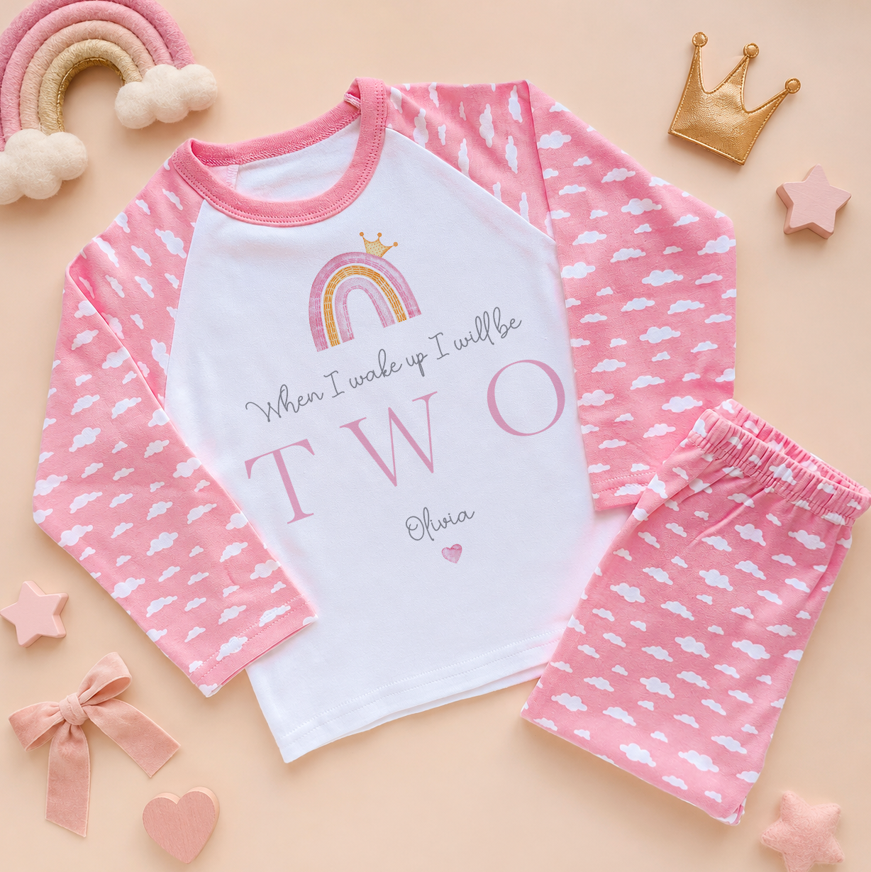 Personalised Name Girls Pyjamas 2nd Birthday Rainbow Crown Cloud Pattern Script for Kids Gift