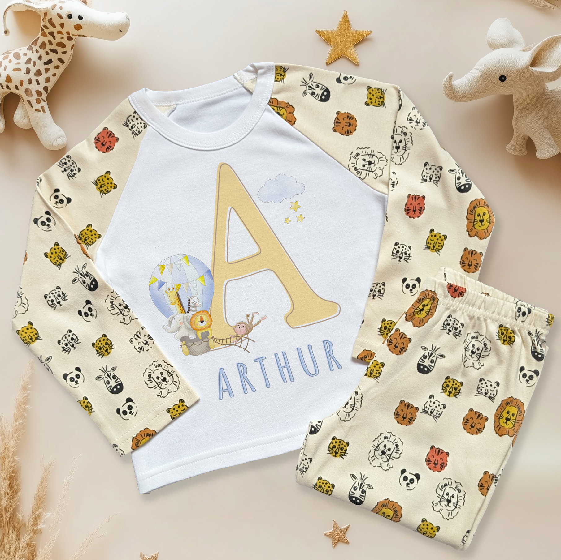Safari Animals Name With Initial Personalised Toddler & Kids Pyjamas Set