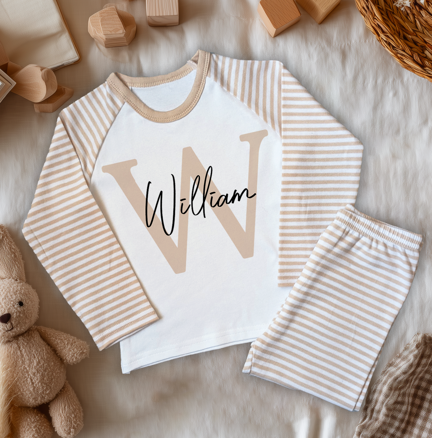 Beige Neutral Name With Initial Personalised Toddler & Kids Pyjamas Set