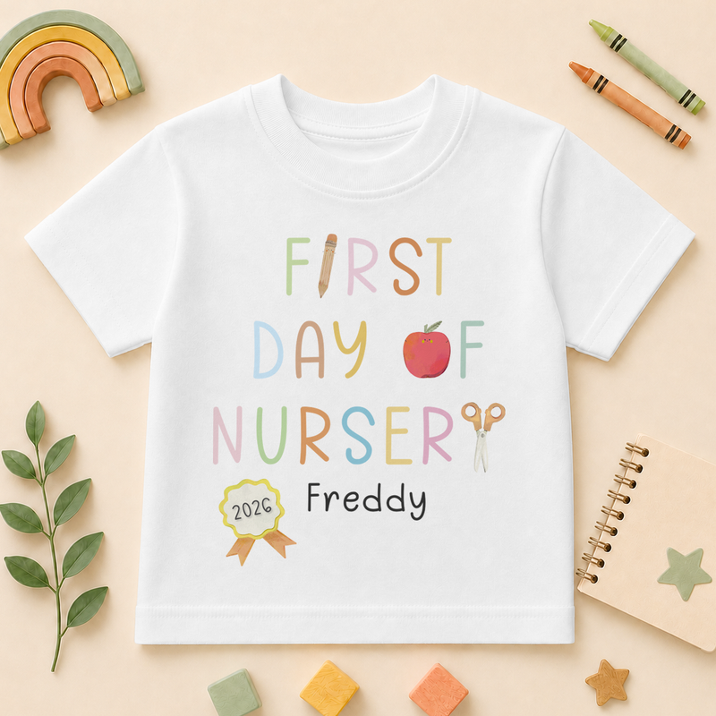 Personalised First Day of Nursery Kids T-Shirt, Colourful Apple Letters with Name