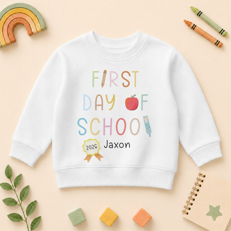 Personalised First Day of School Kids Sweatshirt, Colourful Apple Letters with Name
