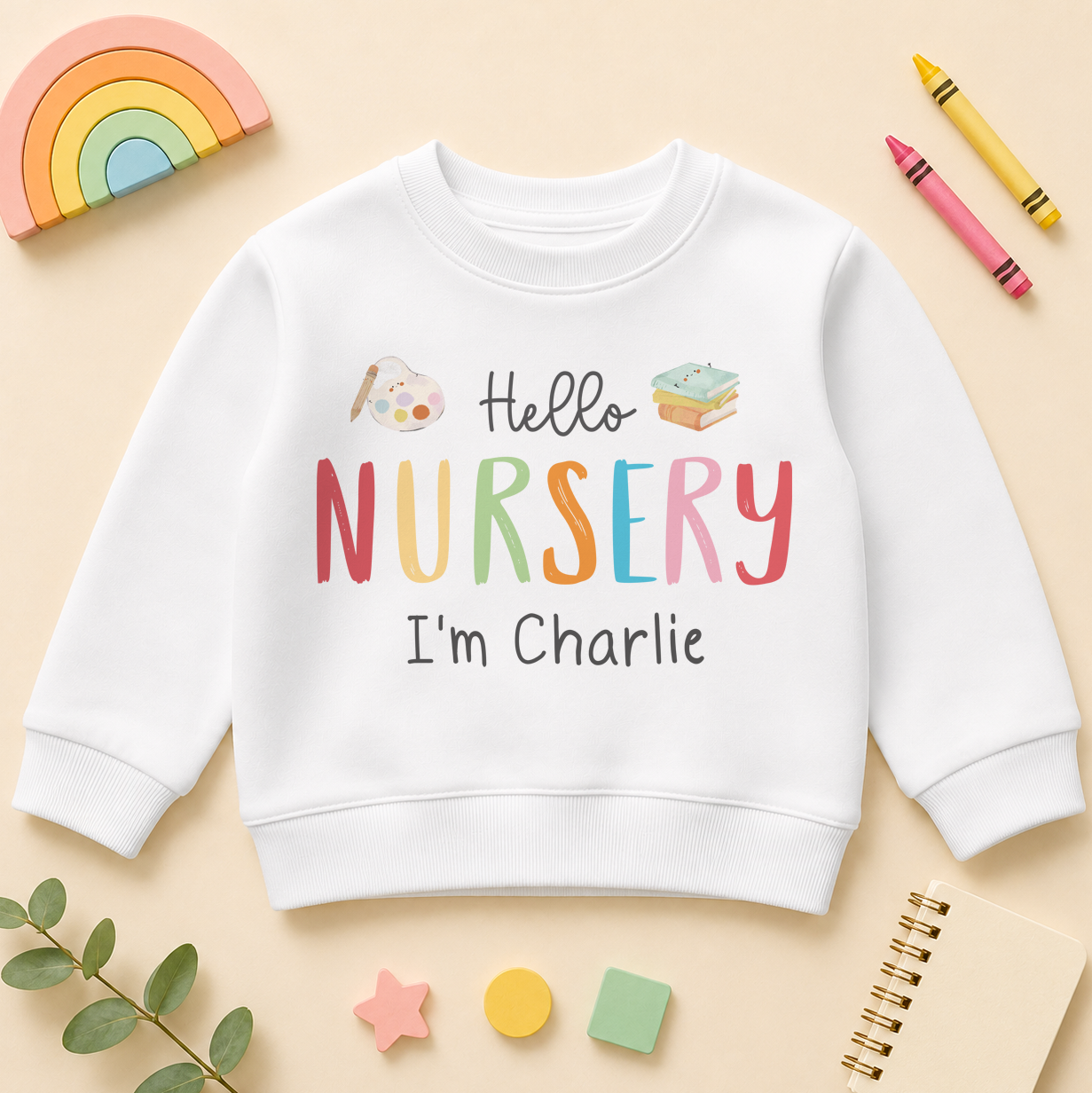 Personalised Hello Nursery Kids Sweatshirt, Colourful Letters with Name