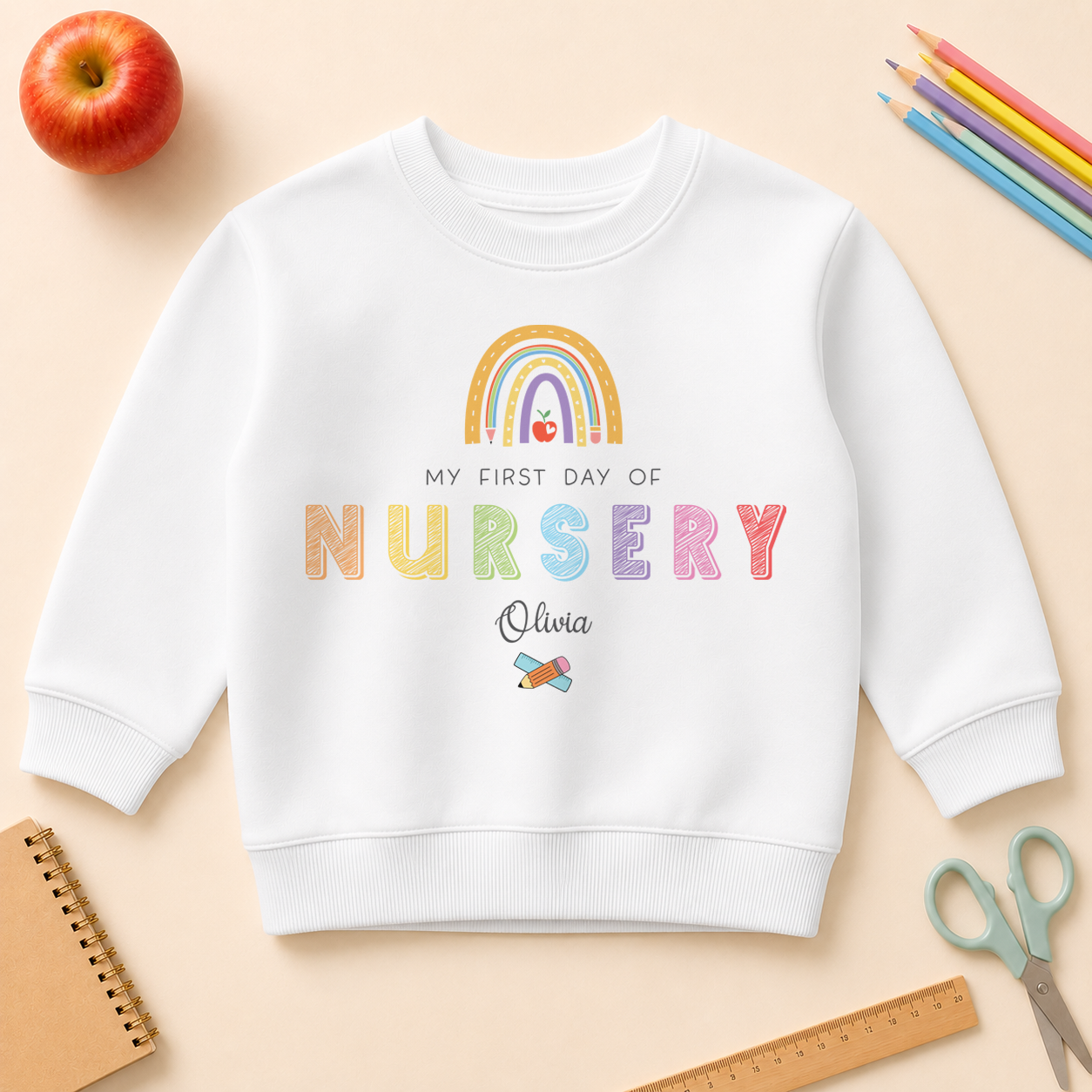 Personalised First Day of Nursery Kids Sweatshirt, Rainbow with Name