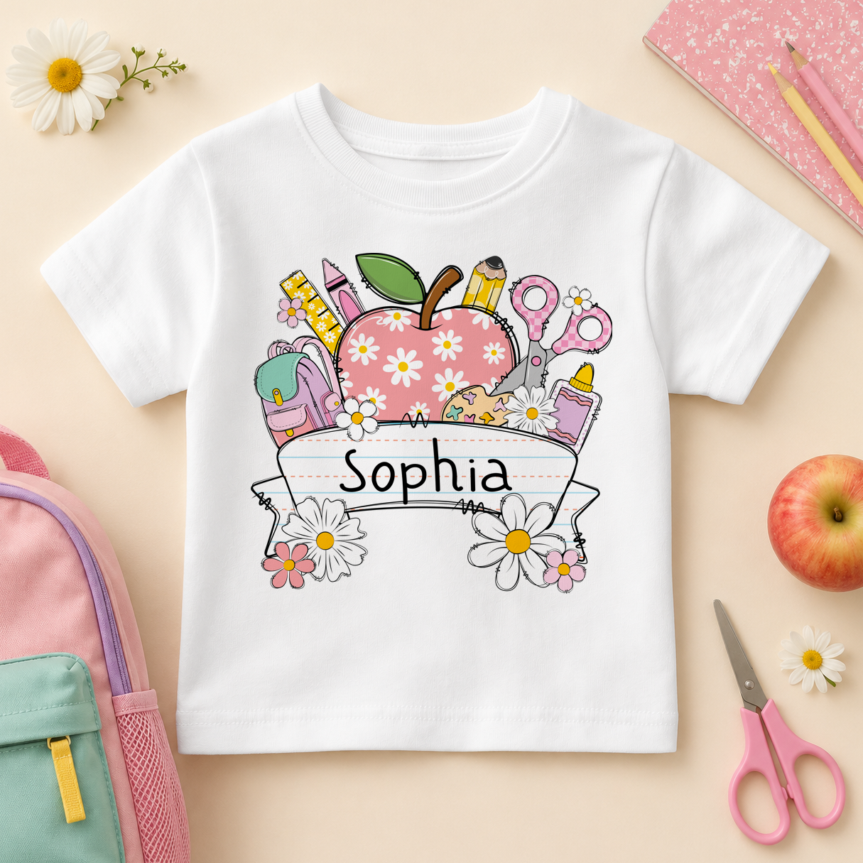 Personalised First Day of School Kids T-Shirt for Girls, Floral Apple and Pencils with Name