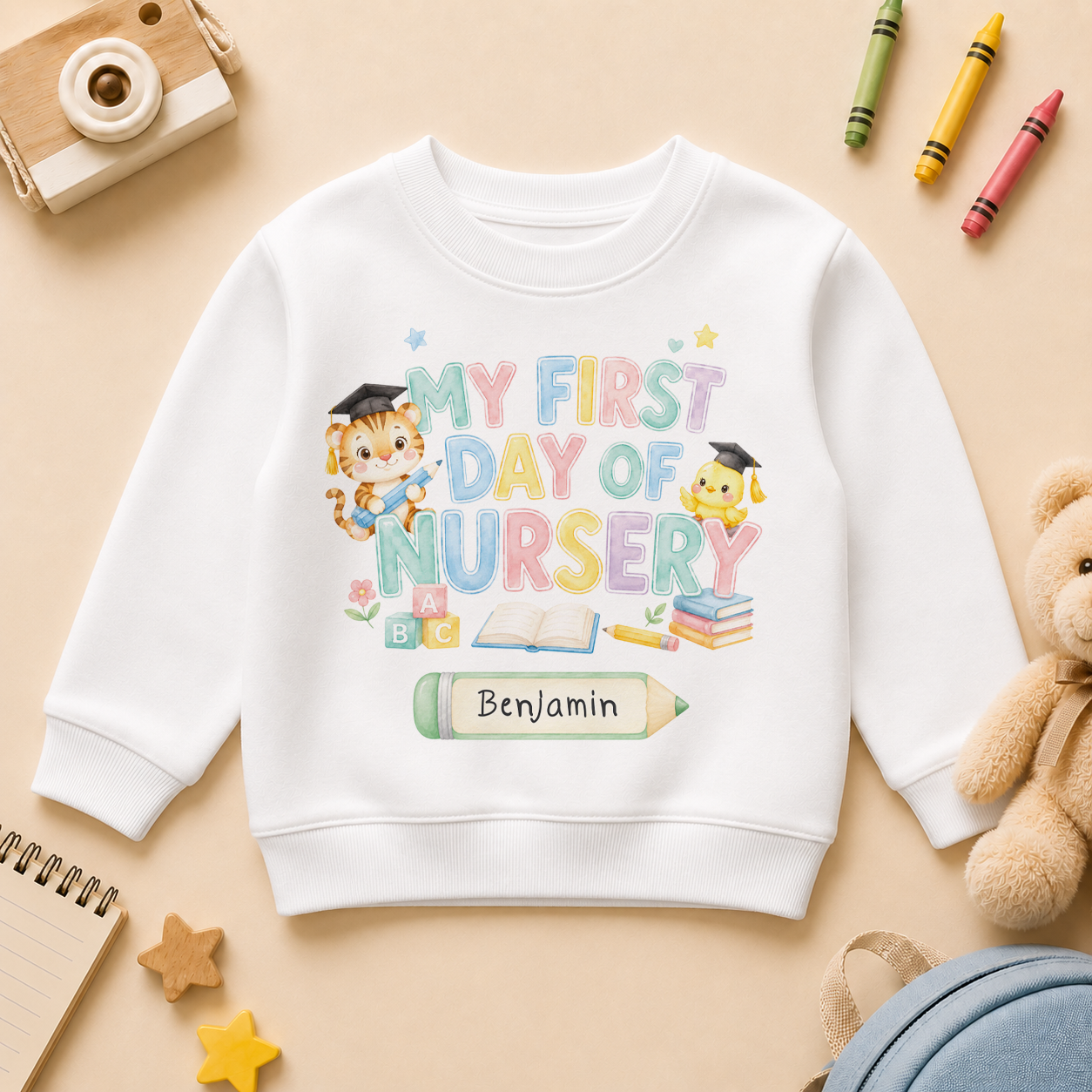 Personalised First Day of Nursery Kids Sweatshirt, Graduate Bear and Pencils with Name