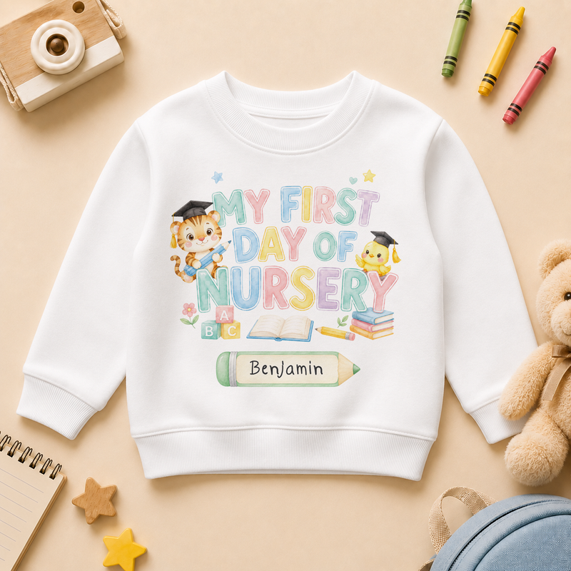 Personalised First Day of Nursery Kids Sweatshirt, Graduate Bear and Pencils with Name