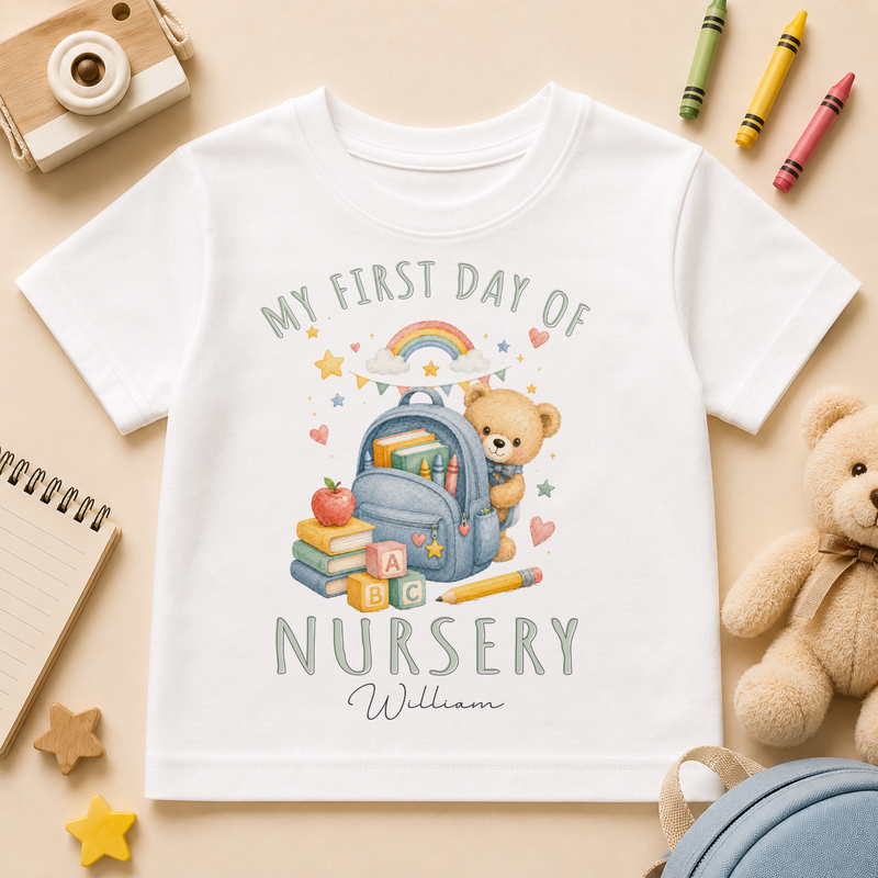 Personalised First Day of Nursery Kids T-Shirt, Backpack and Teddy Bear with Name