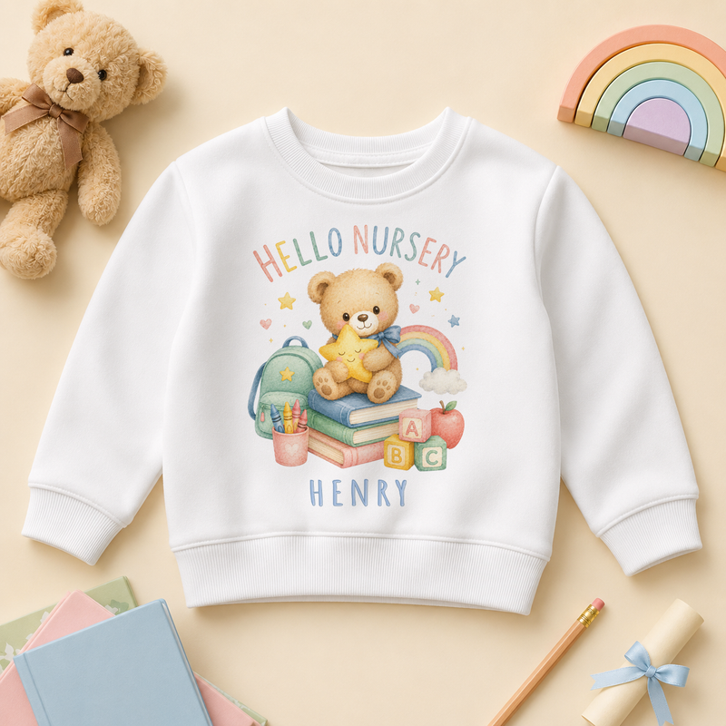 Personalised Hello Nursery Kids Sweatshirt, Teddy Bear with Book with Name