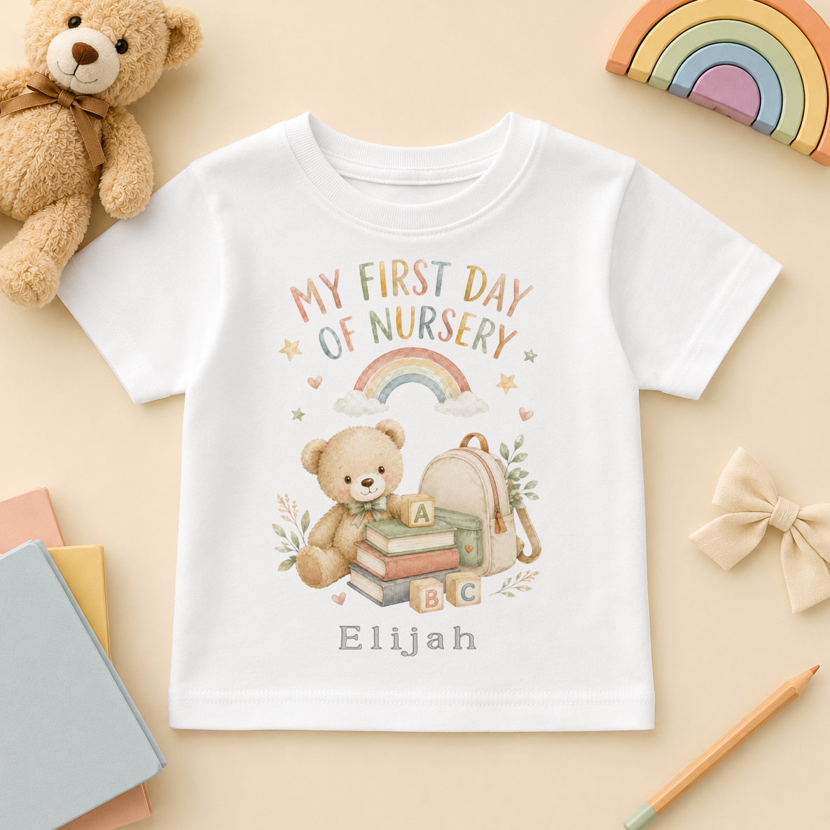 Personalised First Day of Nursery Kids T-Shirt, Rainbow Teddy Bear and Books with Name