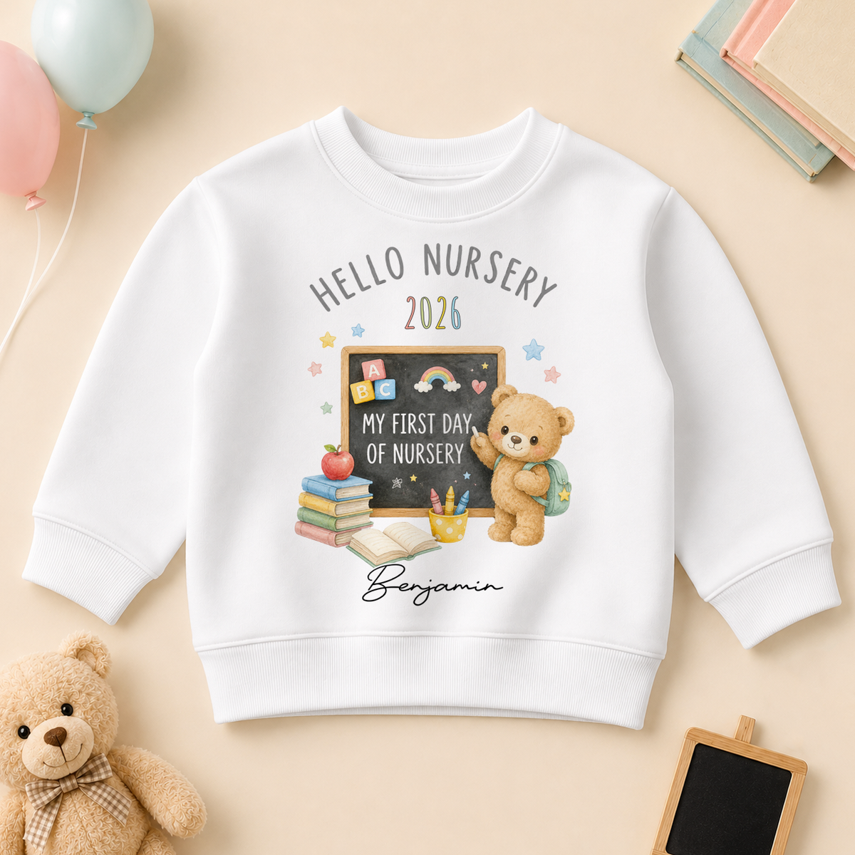 Personalised Hello Nursery Kids Sweatshirt, Teddy Bear and Blackboard with Name