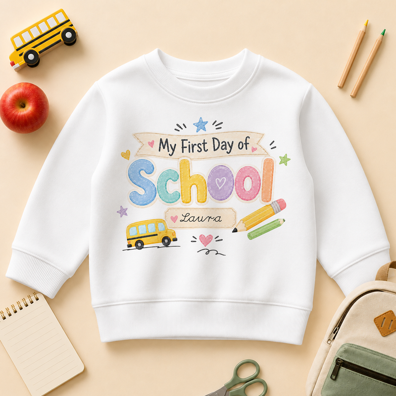 Personalised First Day of School Kids Sweatshirt, Yellow Bus and Rainbow with Name