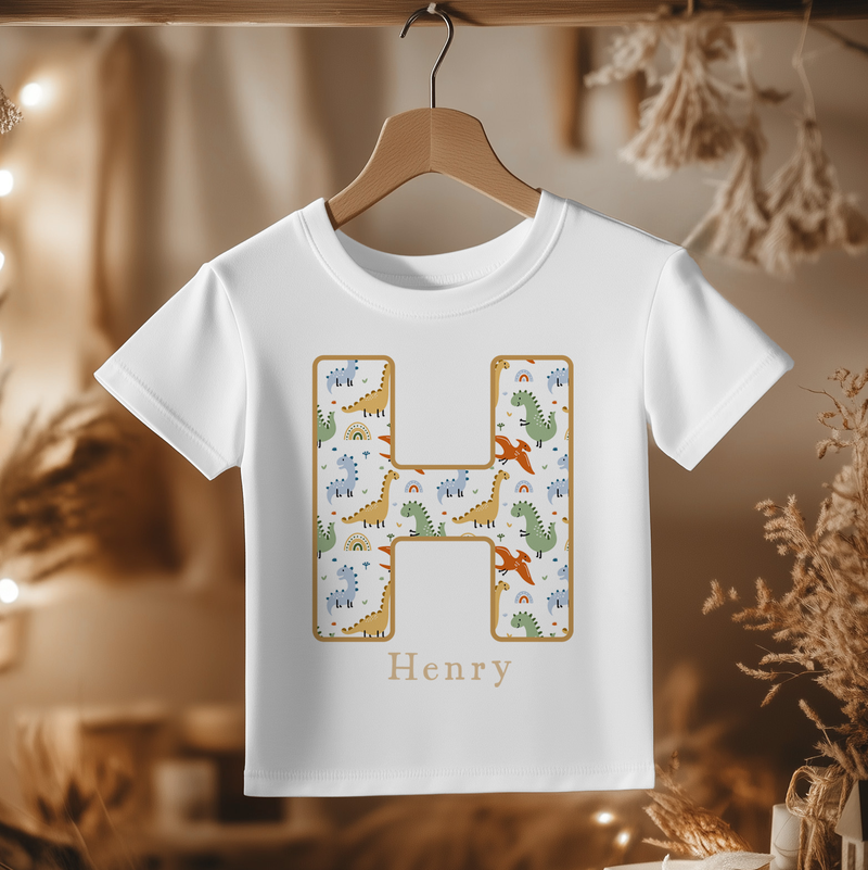 Dinosaur Theme Pattern Personalised Name Toddler & Kids T Shirt