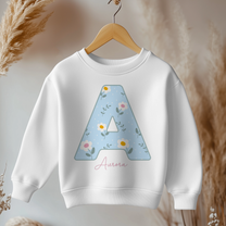 Personalised Name Girls Jumper Daisy Flowers Initial Letter Floral Pattern Polka Dots Blue for Kids Gift