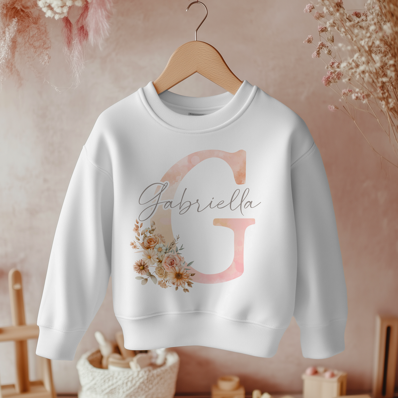 Boho Floral Peach Name With Initial Personalised Toddler & Kids Sweatshirt