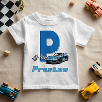 Personalised Name Kids T-Shirt Racing Car Checkered Flags Blue Sports for Toddler Gift