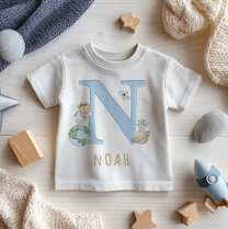 Personalised Blue Initial Astronaut Alien Space T-Shirt for Boys & Kids