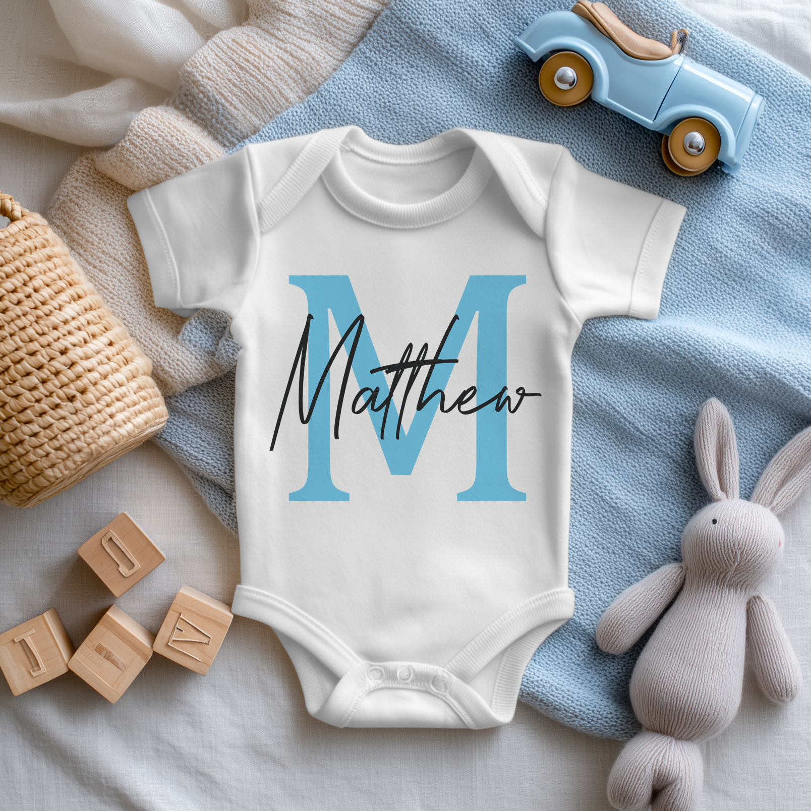 Personalised Name With Initial Blue Boy Baby Bodysuit