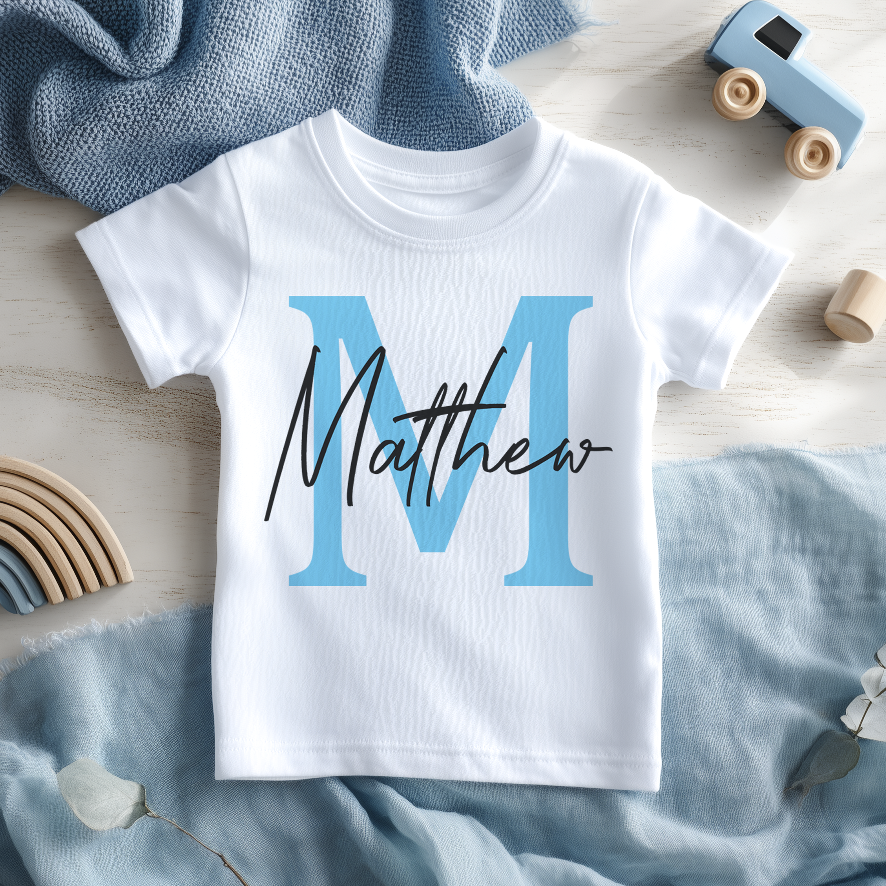 Personalised Name With Initial Blue Boy Toddler & Kids T Shirt