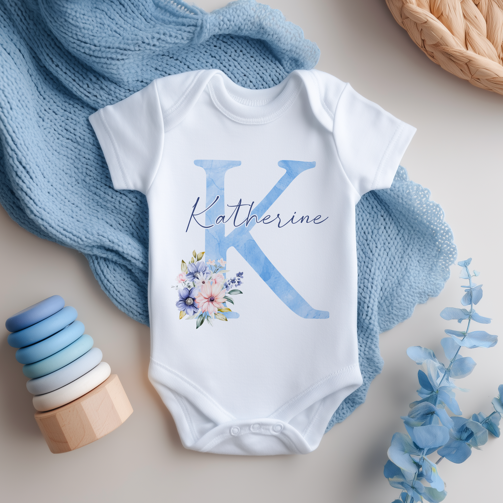 Boho Floral Blue Letter With Name Personalised Baby Bodysuit