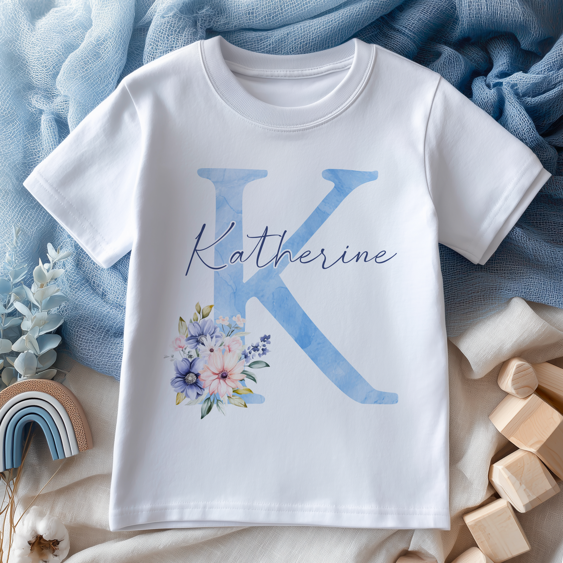 Boho Floral Blue Letter With Name Personalised Toddler & Kids T Shirt