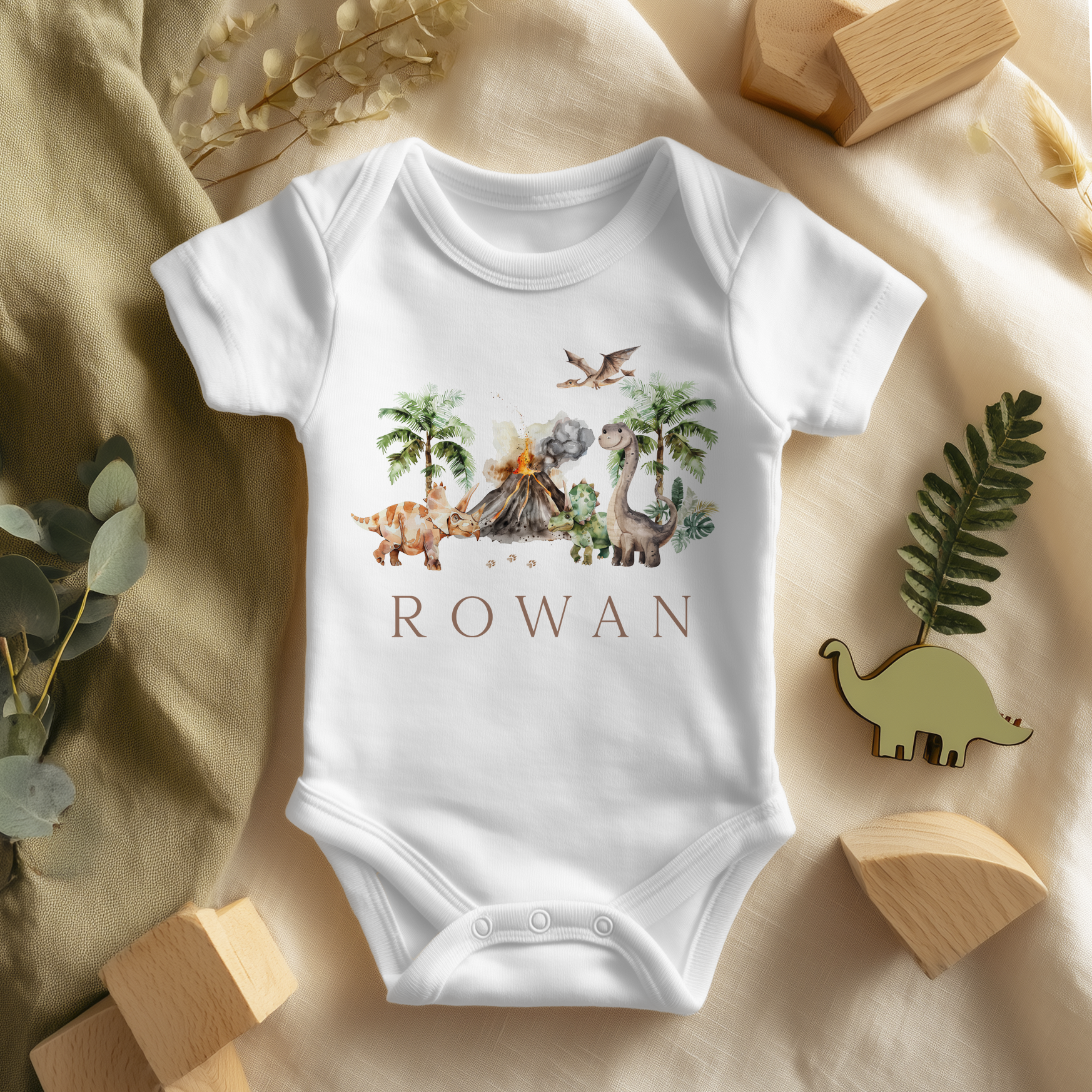 Dinosaur Volcano Theme Personalised Baby Bodysuit