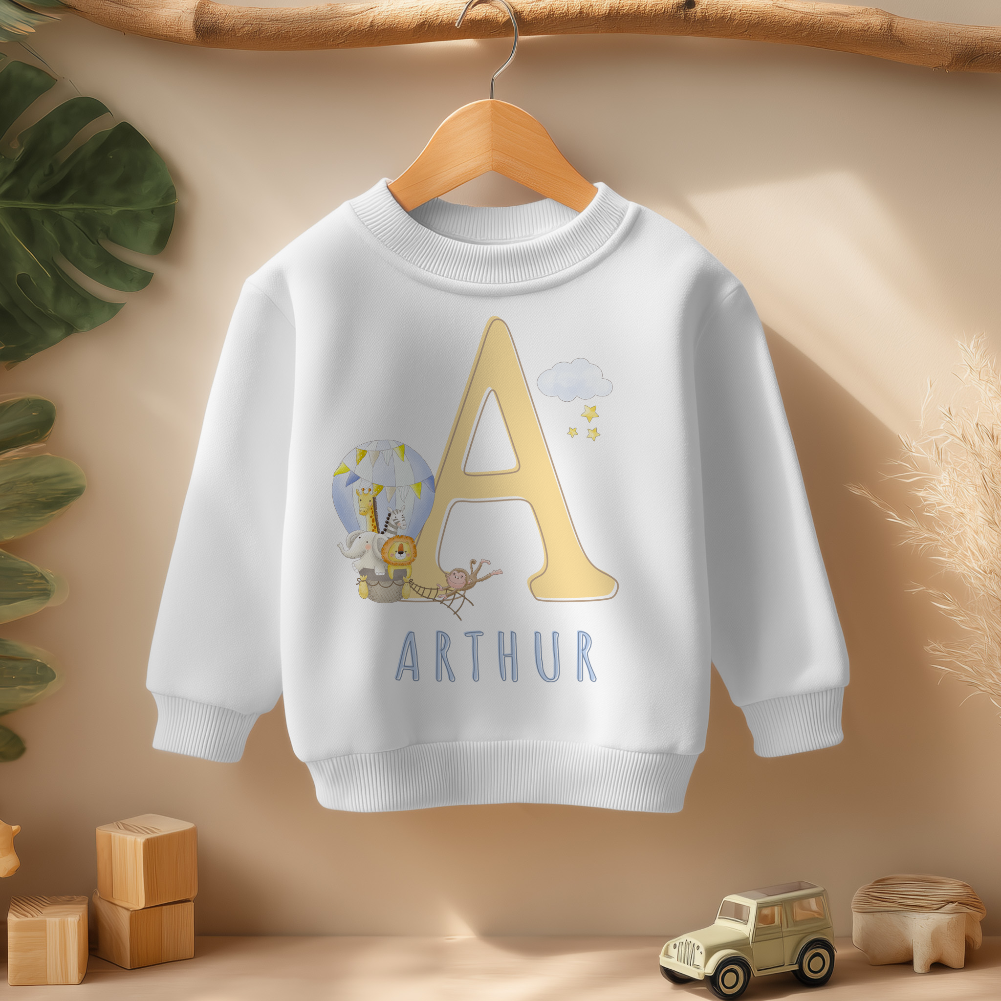 Personalised Safari Hot Air Balloon Initial Name Sweatshirt for Kids