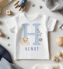 Personalised Initial Letter Space Rocket Teddy T-Shirt for Kids