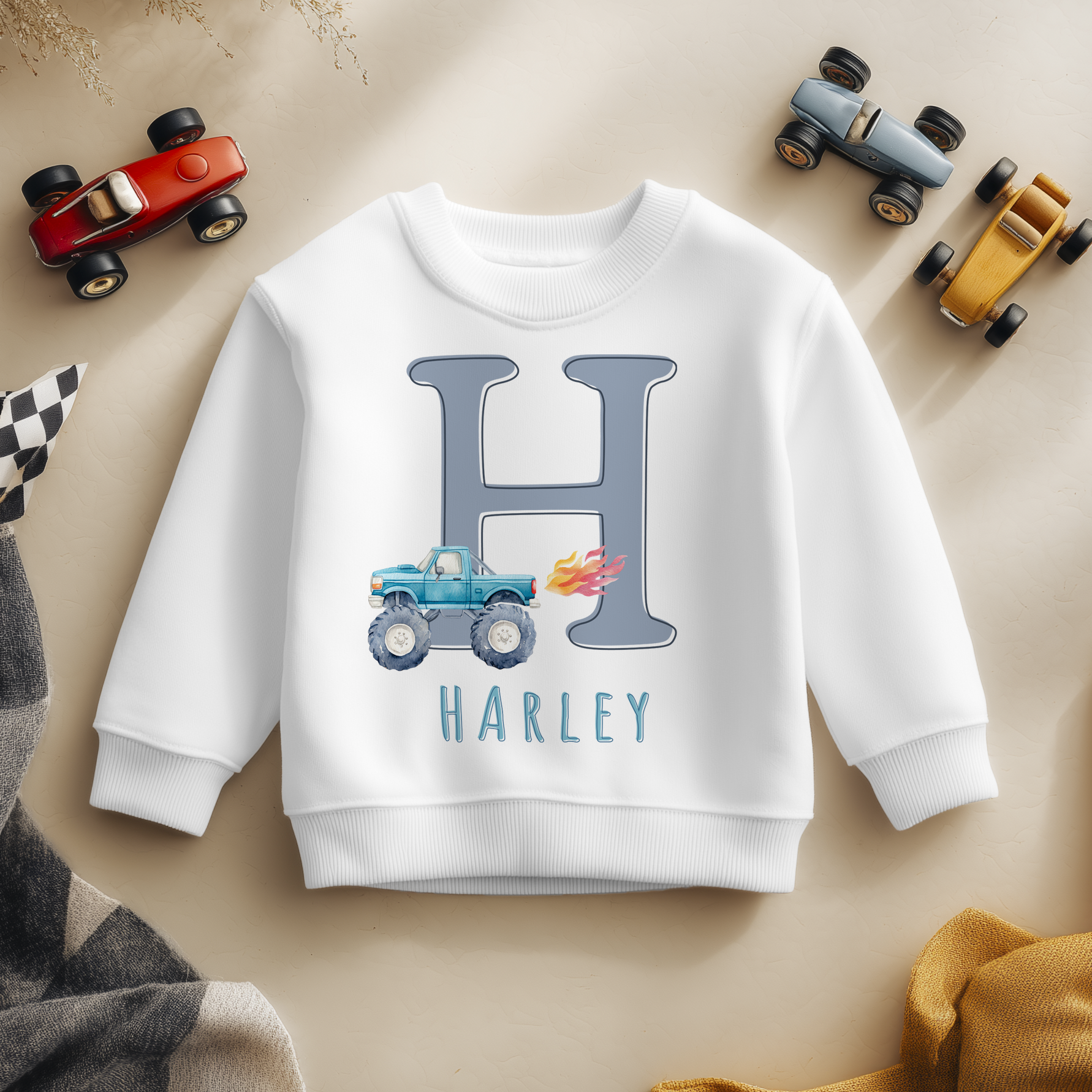 Personalised Blue Monster Truck Initial & Name Sweatshirt for Boys