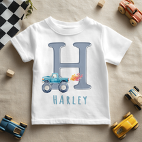 Personalised Blue Monster Truck Initial & Name T-Shirt for Boys