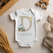Personalised Farm Tractor Initial Name Baby Vest Bodysuit