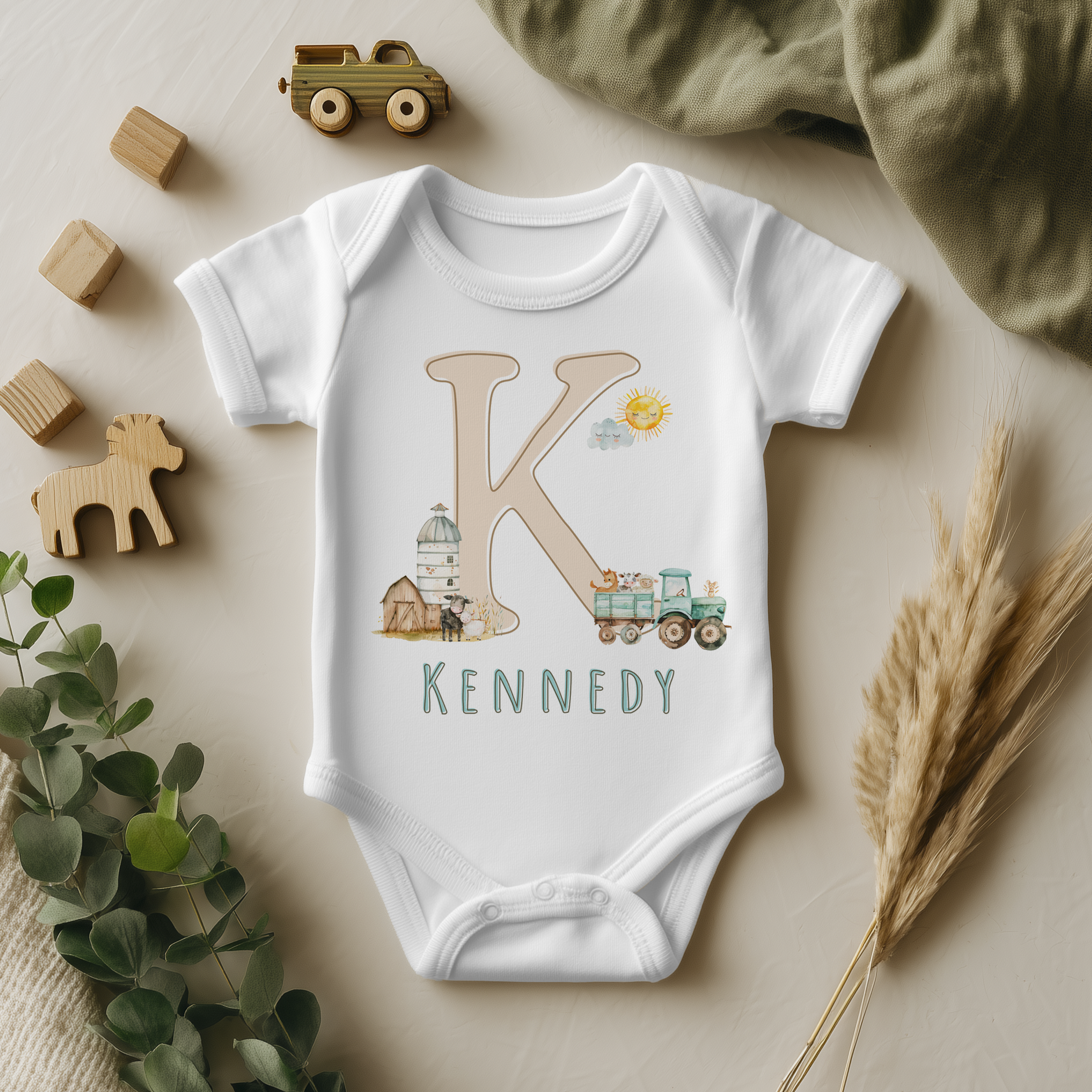 Farm Animals Tractor Theme Personalised Baby Bodysuit