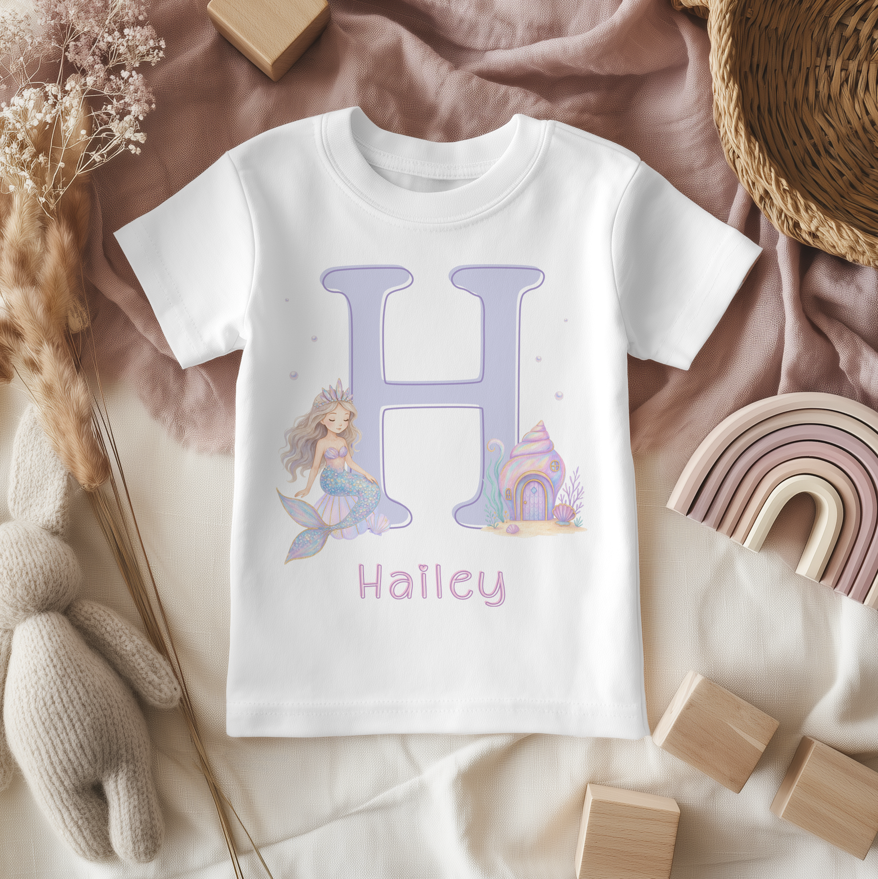 Personalised Kids Mermaid Initial with Seashell House T-Shirt for Girls Kids