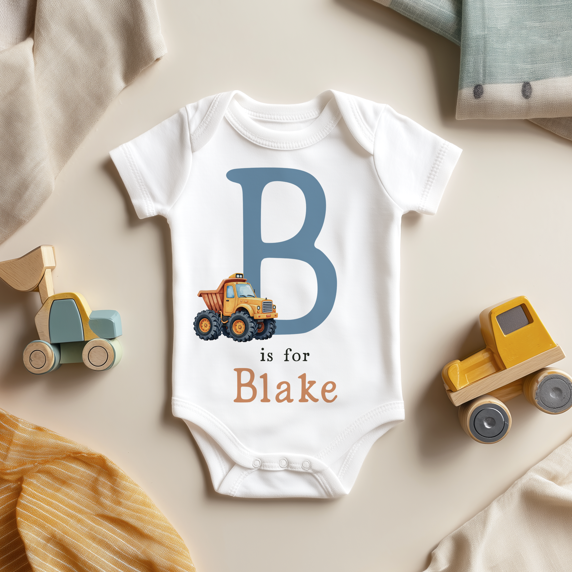 Tipper Truck Construction Boy Personalised Name Baby Bodysuit