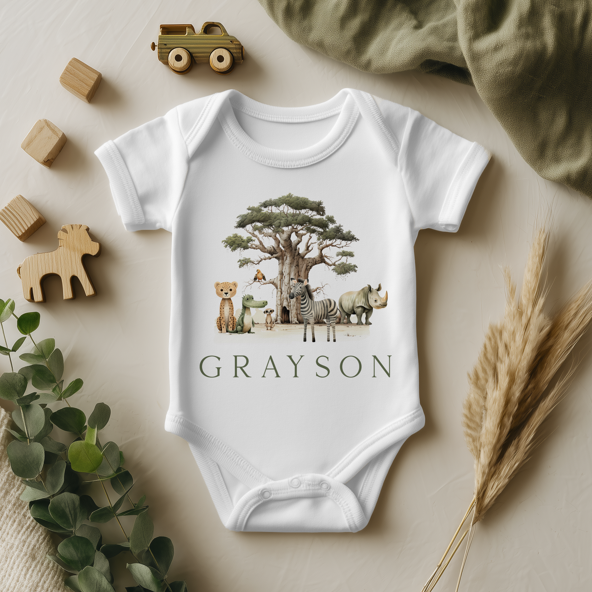 Personalised Baobab Tree Safari Animals Baby Bodysuit
