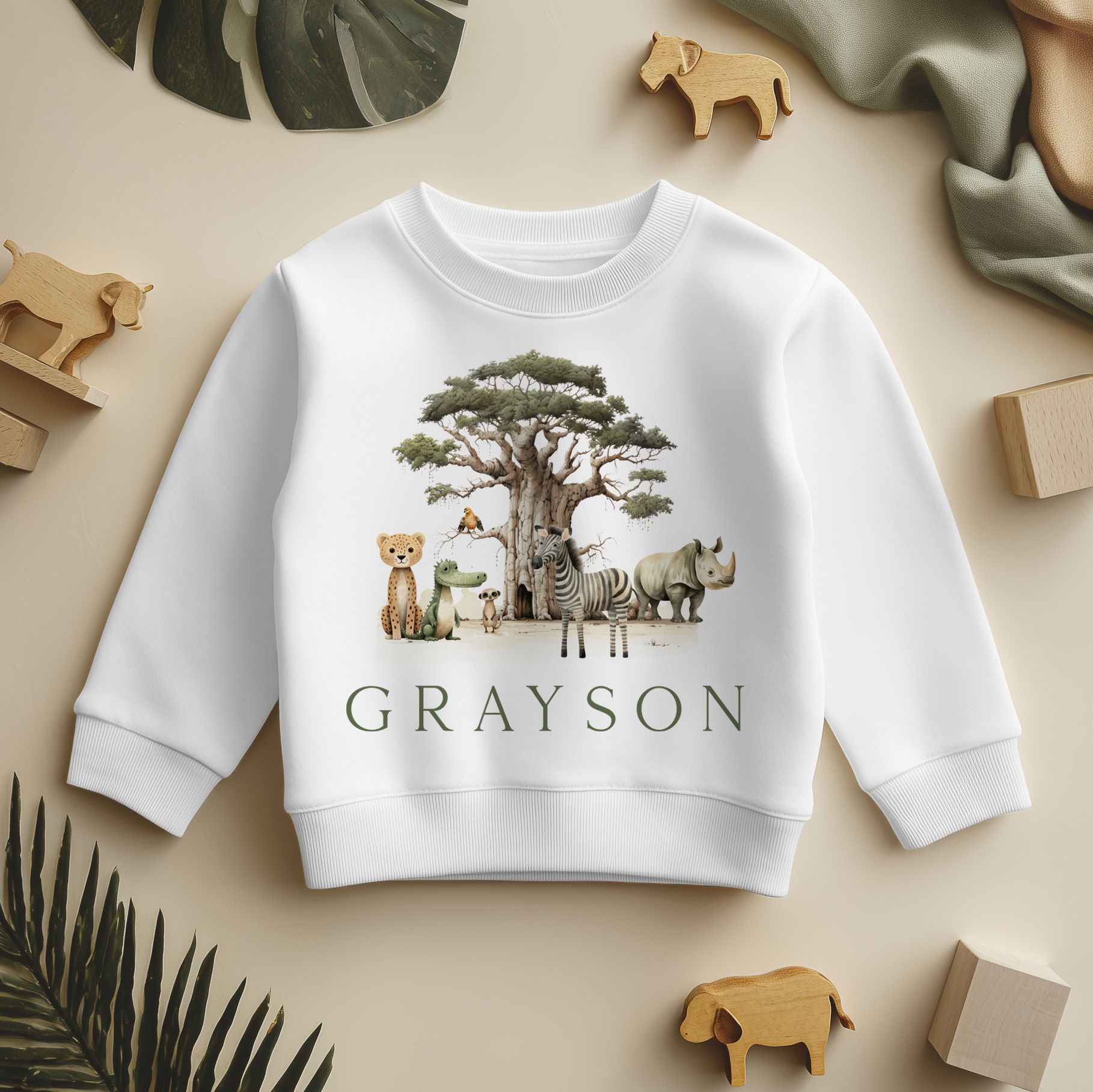 Personalised Baobab Tree Safari Animals Sweatshirt for Toddler & Kids