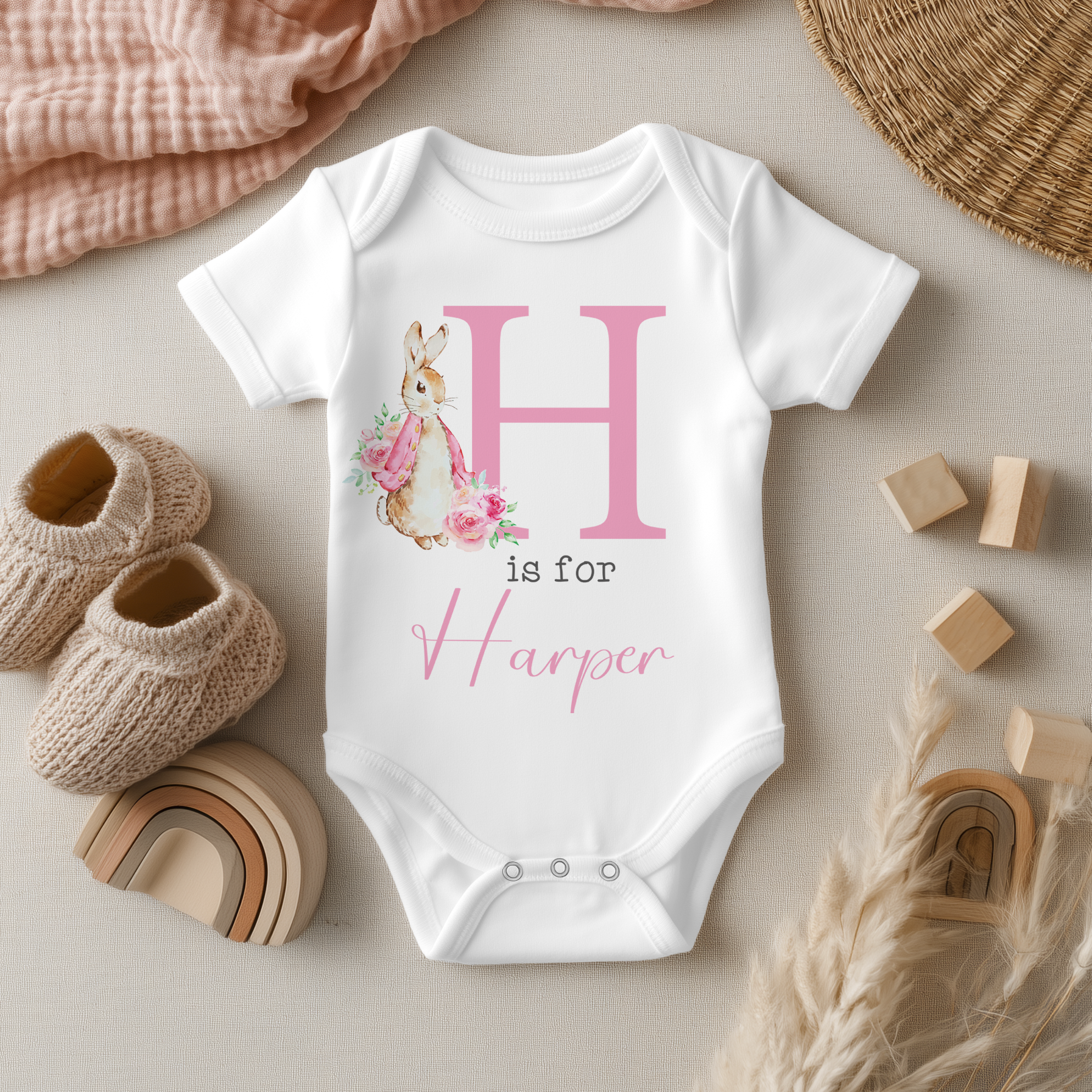 Personalised Pink Initial Floral Bunny Baby Bodysuit