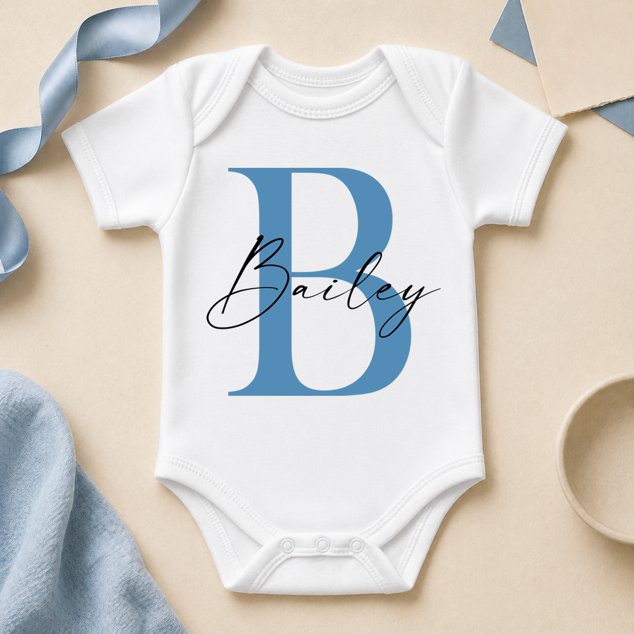 Personalised Initial Baby Vest Bodysuit Blue Letter and Name