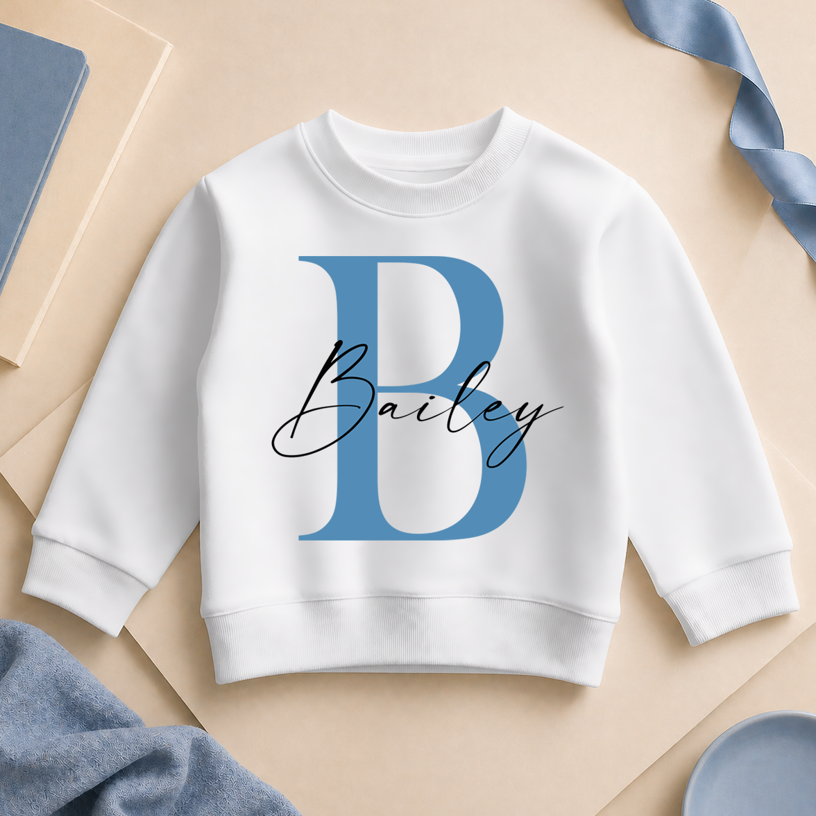 Personalised Initial Sweatshirt Blue Letter and Name for Toddlers and Kids
