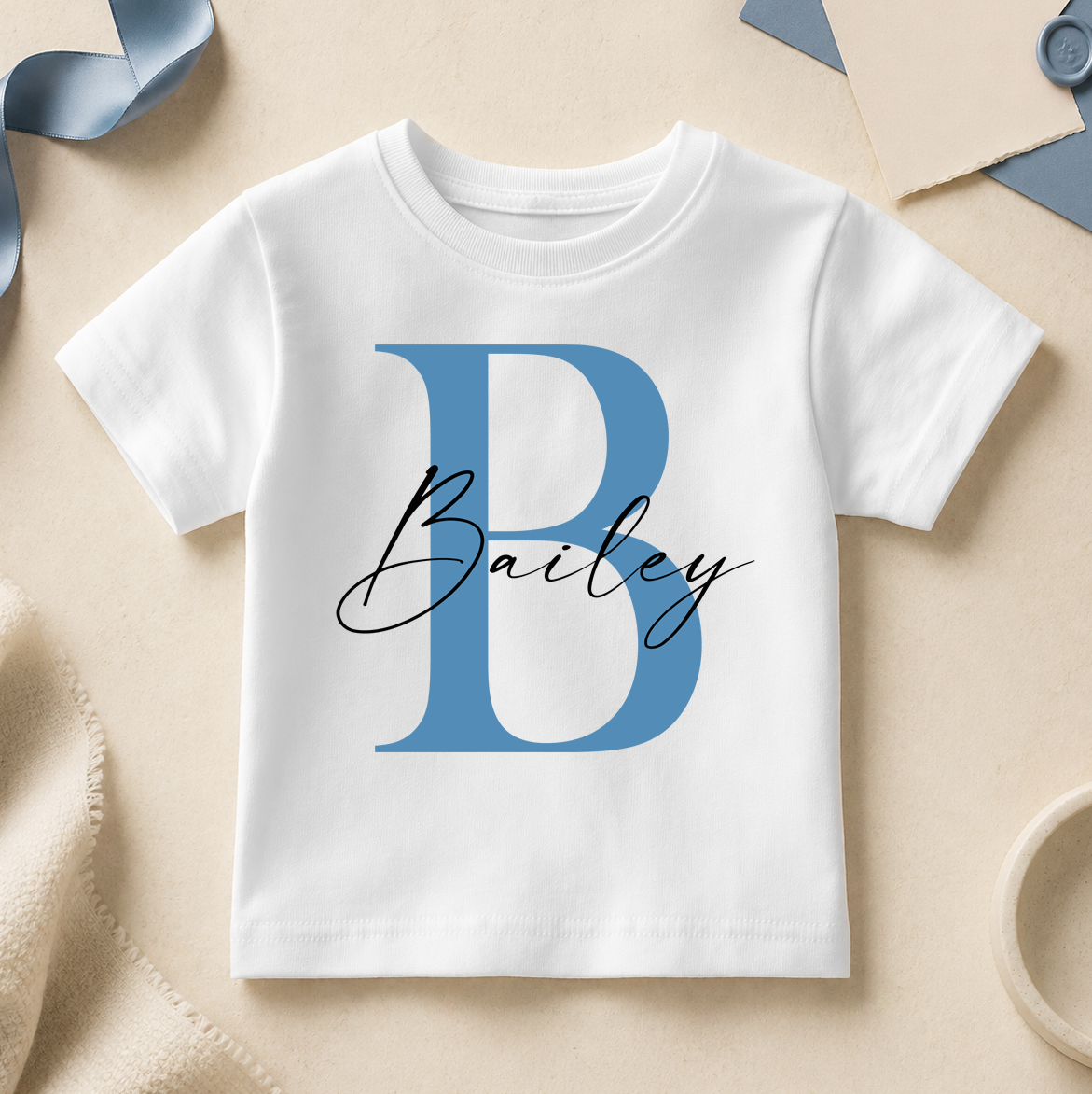 Personalised Initial T-Shirt Blue Letter and Name for Toddlers and Kids