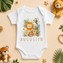 Personalised Jungle Animals Baby Vest Bodysuit, Watercolour Lion Tiger Toucan Safari with Name