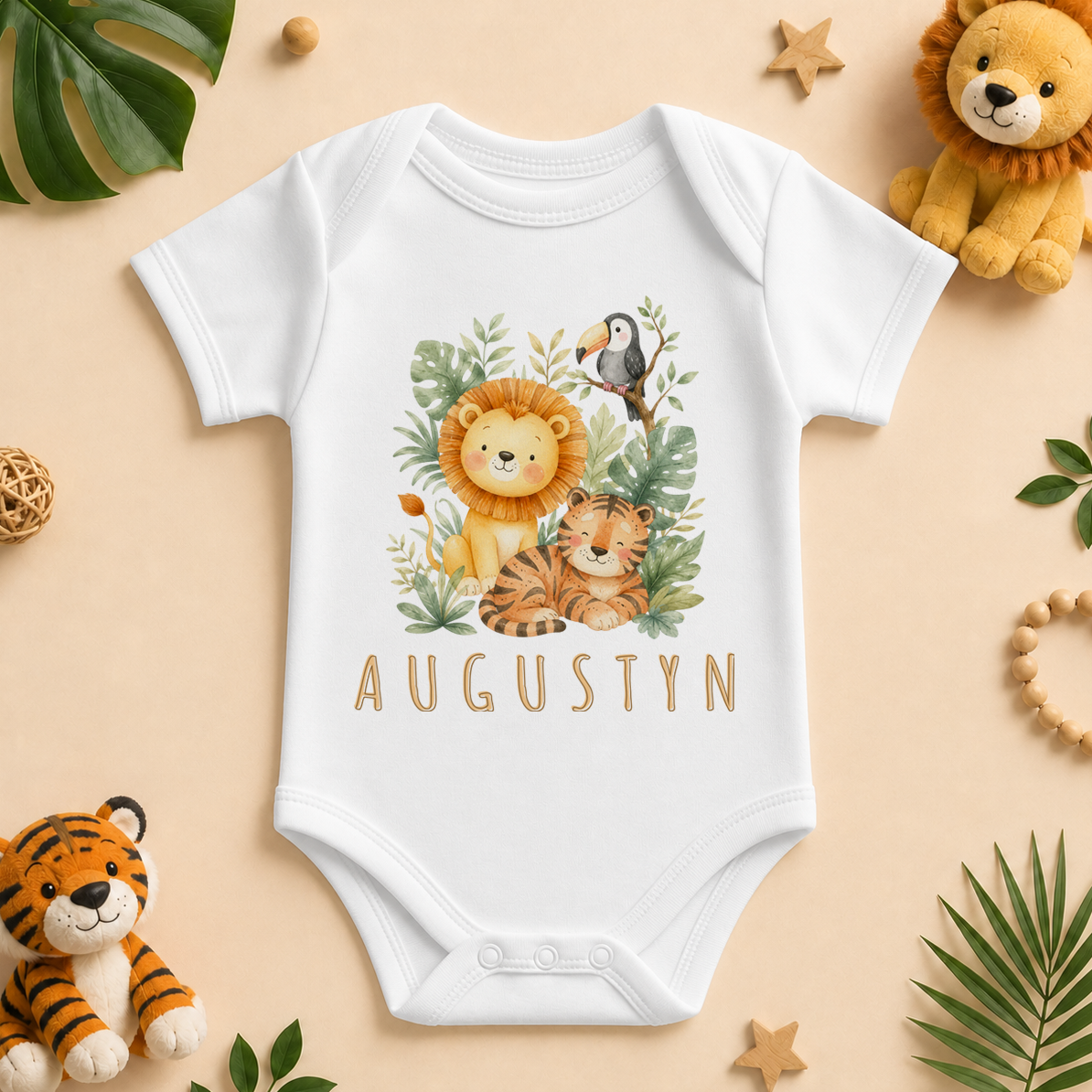 Personalised Jungle Animals Baby Vest Bodysuit, Watercolour Lion Tiger Toucan Safari with Name