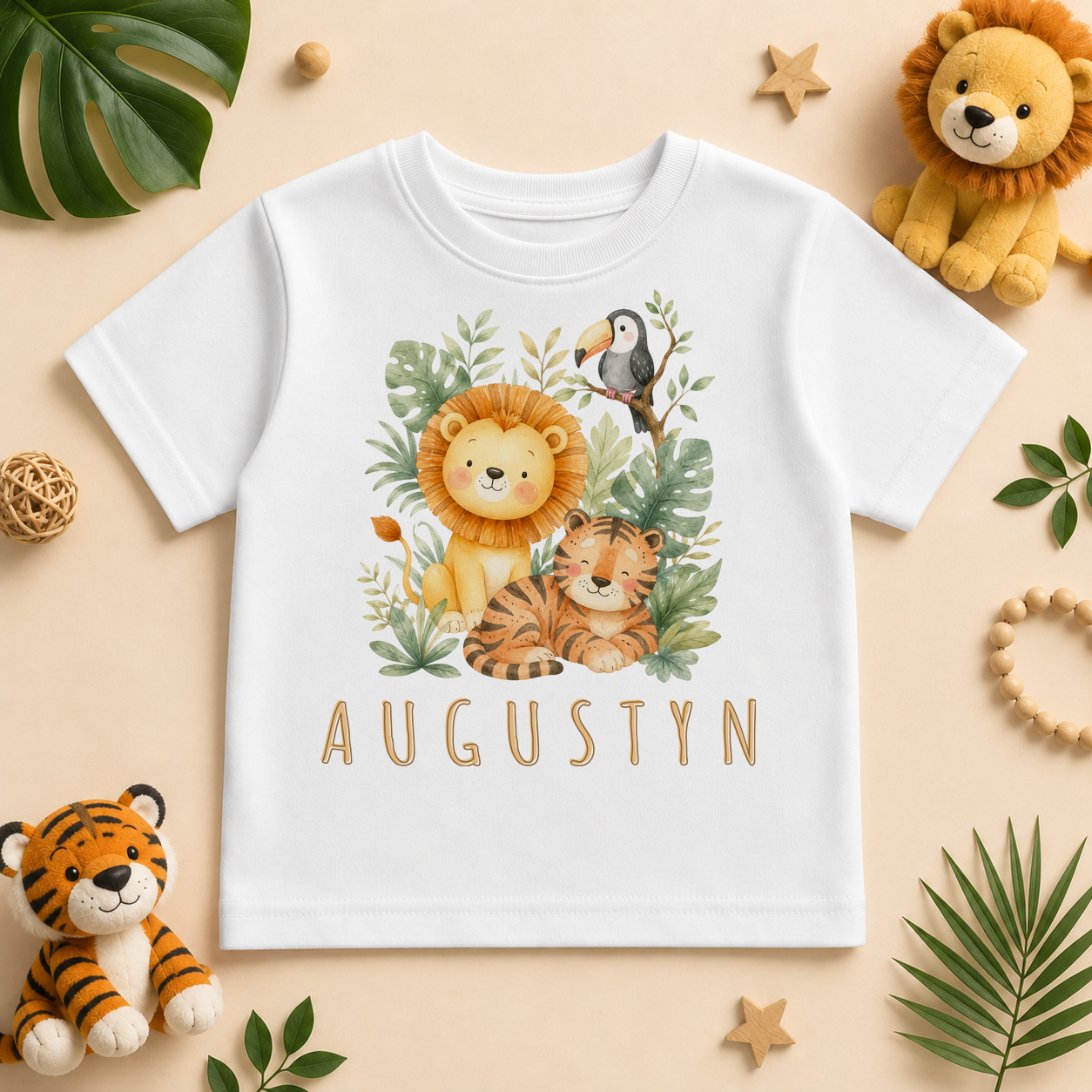 Personalised Jungle Animals Kids T-Shirt, Watercolour Lion Tiger Toucan with Name
