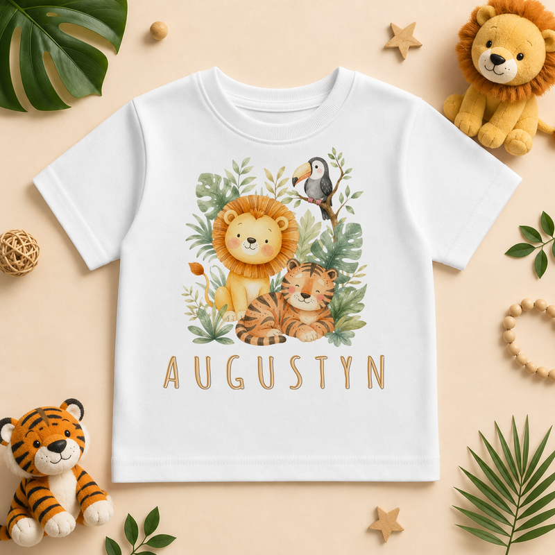Personalised Jungle Animals Kids T-Shirt, Watercolour Lion Tiger Toucan with Name