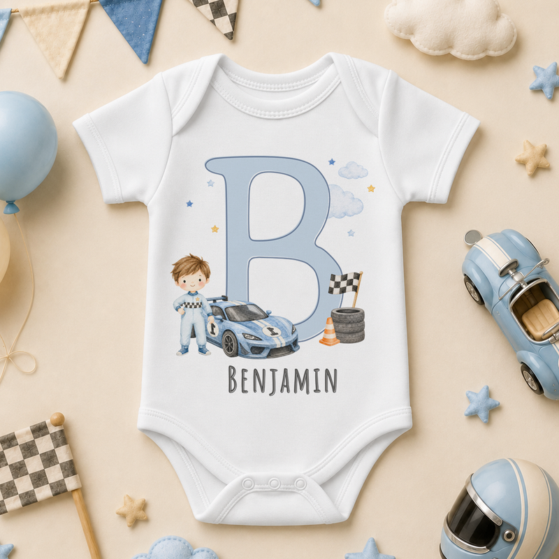 Personalised Initial Letter Racing Car Baby Vest Bodysuit for Boys, Watercolour Race Car with Name