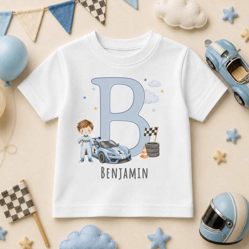 Personalised Initial Letter Racing Car Kids T-Shirt for Boys, Watercolour Race Car Driver with Name