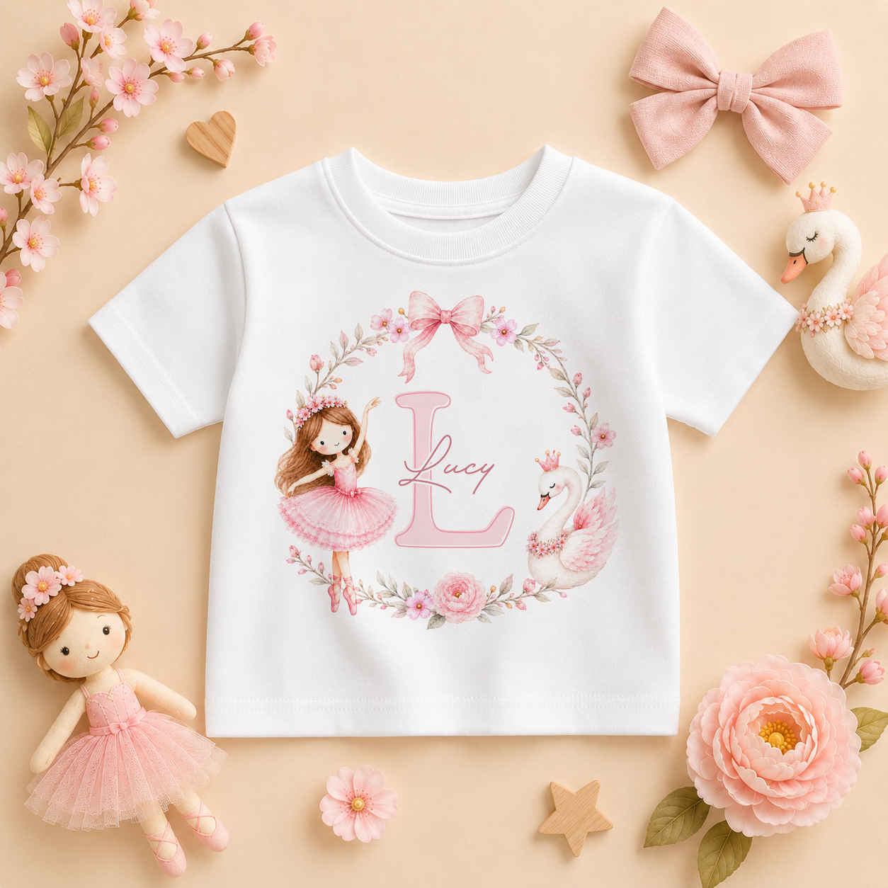 Personalised Ballerina Floral Initial Kids T-Shirt for Girls, Watercolour Wreath Swan with Name