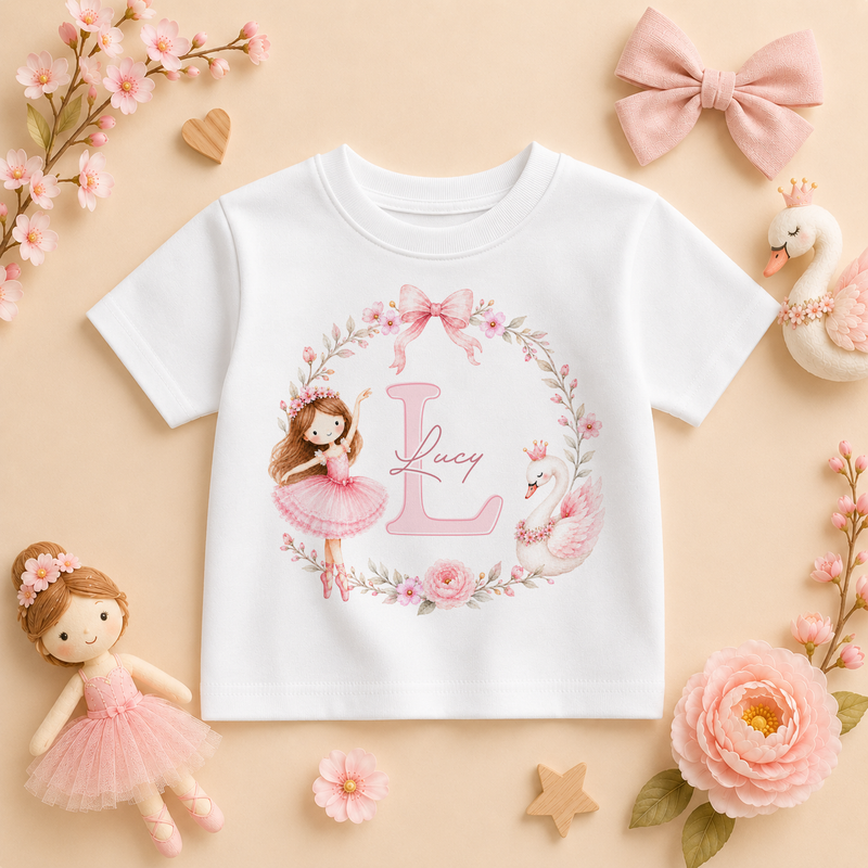 Personalised Ballerina Floral Initial Kids T-Shirt for Girls, Watercolour Wreath Swan with Name
